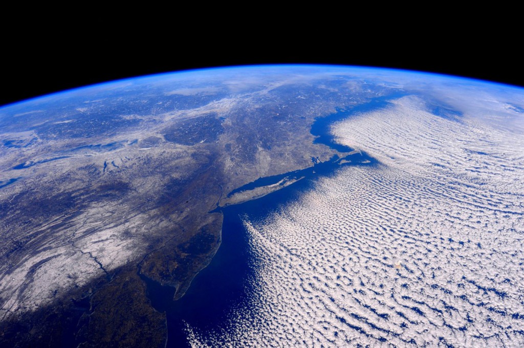 Cold weather and cloud formations off the east coast of North America seen from space.