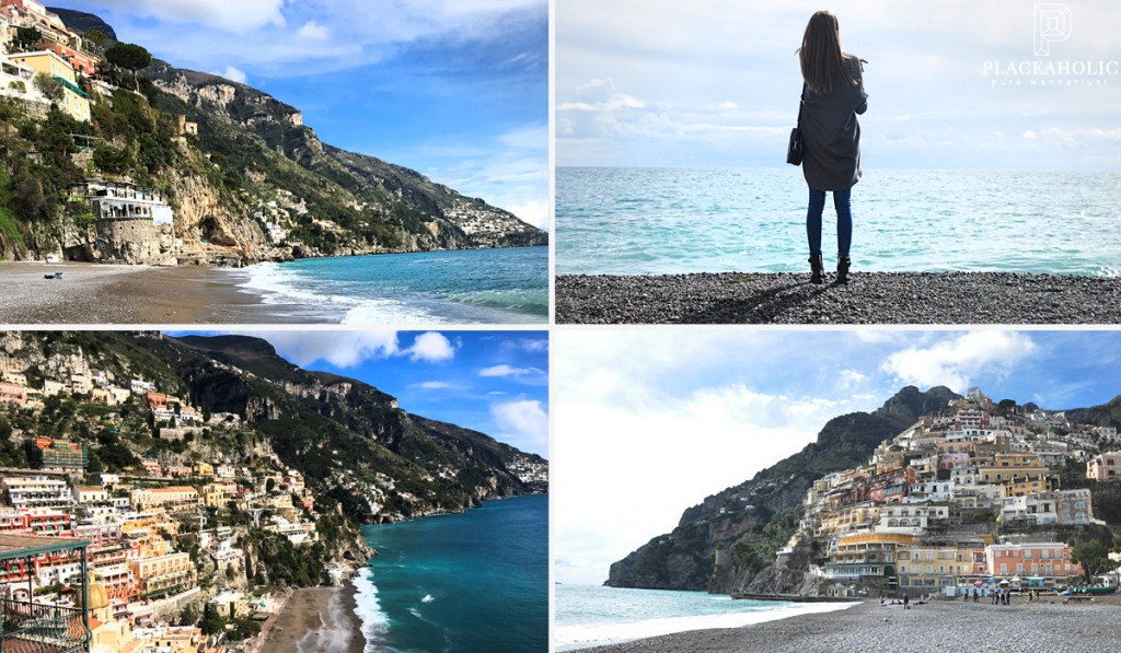 Positano views from above and from the beach. Amalfi Coast, Italy