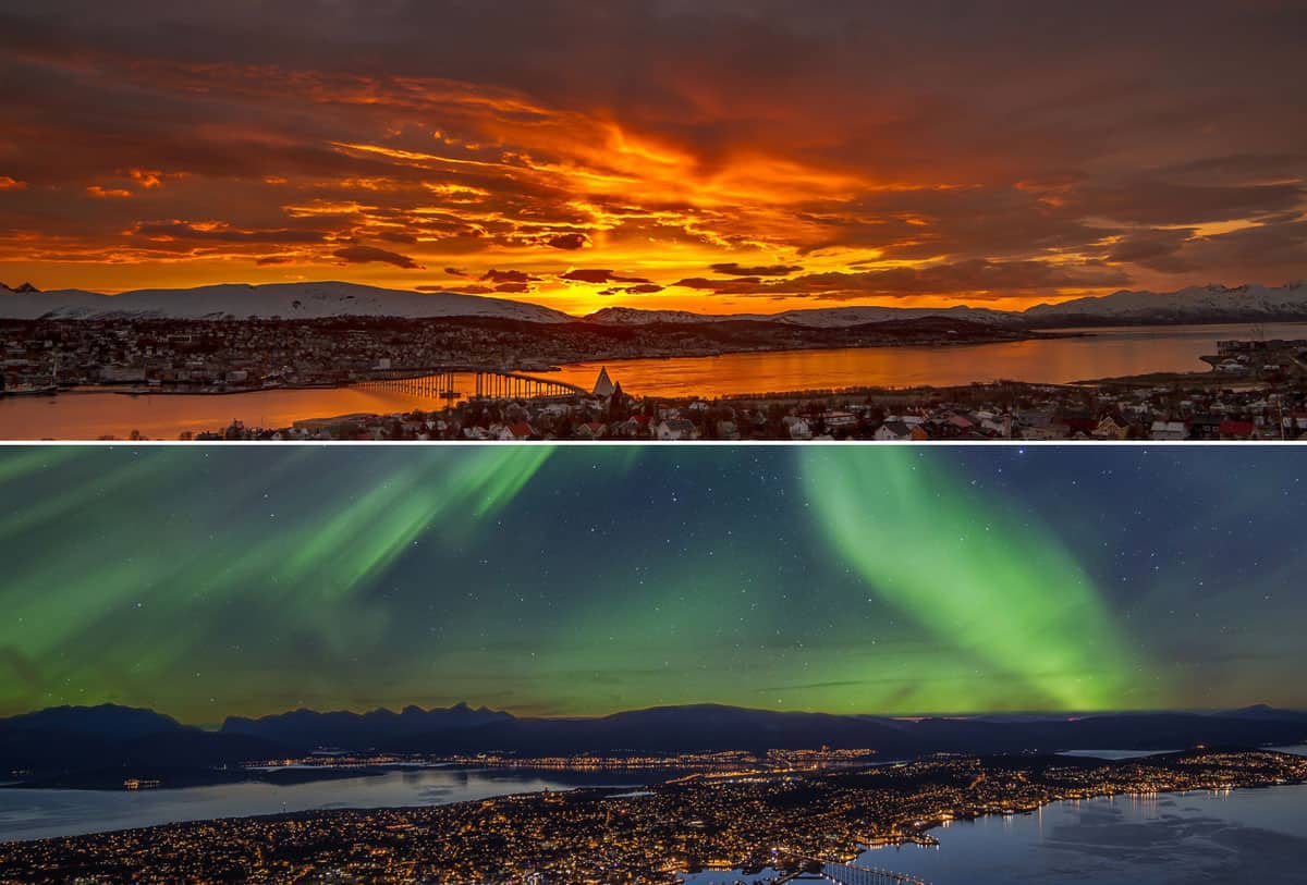 Tromso panorama. Up -midnight sun, down - northern lights