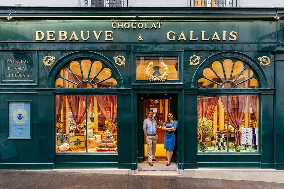 Bernard Poussin (left) and Diane Junique (right) in front of their two-centuries-old chocolaterie