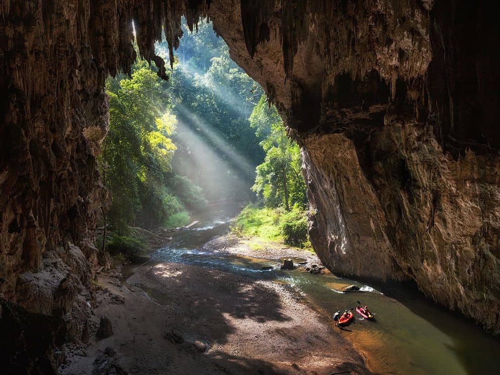 The entrance in Tham Lod. Just like in a man made theme park, you can visit it by kayak or bamboo raft.